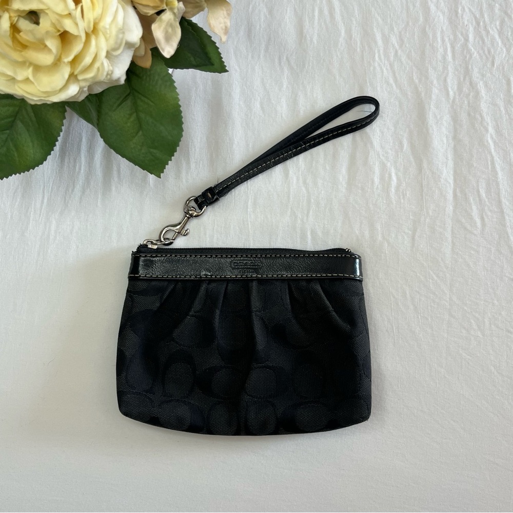 Coach Small Wristlet Black Logo Fabric Leather Trim